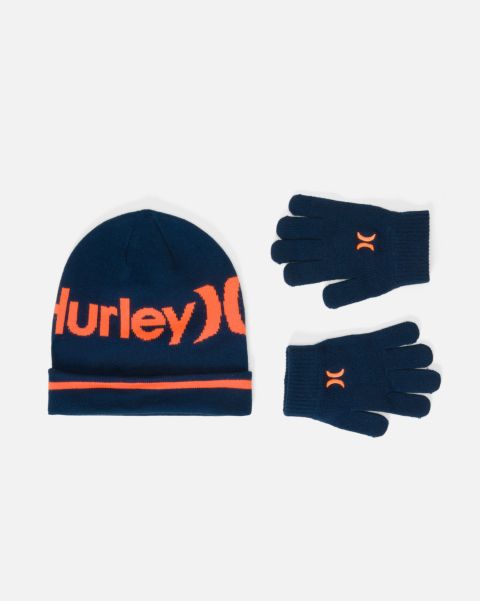 Hurley Hats & Accessories Midnight Navy/Total Orange Kids Pom Beanie And Glove Set Premium