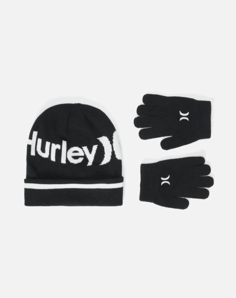 Kids Superior Black Hurley Hats & Accessories Pom Beanie And Glove Set